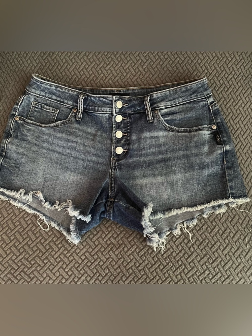 Silver Jeans Dark Blue Frayed Hem Button-Fly Jean Shorts